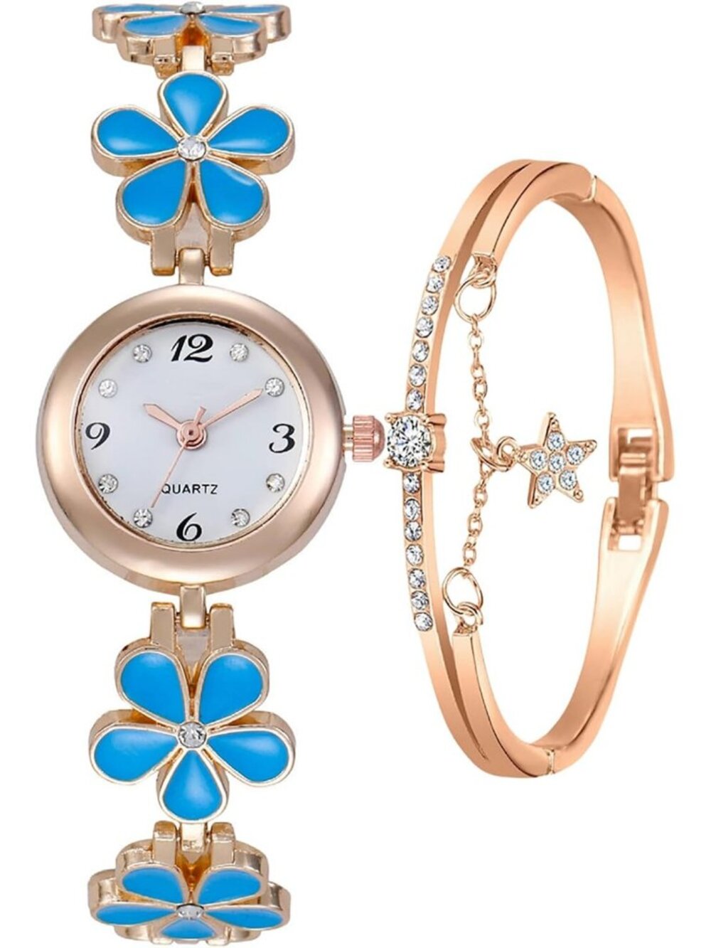 Women's Blue Bracelet Fashion Item Waterproof Quartz Flower Shaped Wrist Watch